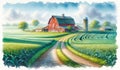 Watercolor Painting Farmland Red Barn Scene Pastel Colored Springtime Country AI Generate Royalty Free Stock Photo