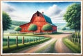 Farmland Scene Watercolor Painting Pastel Colored Springtime Barn Country AI Generate Royalty Free Stock Photo