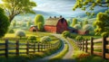 Countryside Gravel Road Wildflowers Springtime Farming Landscape Vintage Heritage Red Barn AI Generated