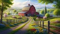 Countryside Gravel Road Wildflowers Springtime Farming Landscape Vintage Heritage Red Barn AI Generated