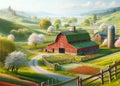 Countryside Gravel Road Springtime Farming Landscape Vintage Heritage Red Barn AI Generated