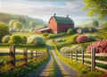 Countryside Gravel Road Springtime Farming Landscape Vintage Heritage Red Barn AI Generated