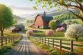 Countryside Gravel Road Springtime Farming Landscape Red Barn Wildflowers AI Generated