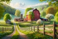 Countryside Gravel Road Springtime Farming Landscape Red Barn Wildflowers AI Generated