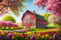 Countryside Gravel Road Springtime Farming Landscape Red Barn Wildflowers AI Generated