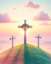 Easter Three Crosses Salvation Sacrifice Crucifixion Jesus Thieves Sunday Risen Morning Sunrise AI Generated Royalty Free Stock Photo