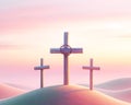 Easter Three Crosses Salvation Sacrifice Crucifixion Jesus Thieves Sunday Risen Morning Sunrise AI Generated Royalty Free Stock Photo