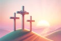 Three Easter Crosses Salvation Sacrifice Crucifixion Jesus Thieves Sunday Risen Morning Sunrise AI Generated