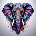 A retro-inspired neon elephant, adorned with geometric shapes and bright colors by AI generated