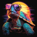 A retro-inspired neon turtle, slowly moving across that combines vintage elements with modern appeal by AI generated