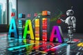 Robot interacting with colorful AI letters, representing artificial intelligence, robotics, and educational technology concepts