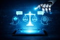 AI generated robotic hand guiding justice scales above digital platform with human and machine intelligence symbols representing Royalty Free Stock Photo
