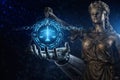 AI generated robotic hand holding digital justice scale with classical statue symbolizing artificial intelligence supporting law Royalty Free Stock Photo