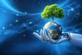 AI generated robotic hand holding earth green tree symbolizing sustainability green technology environmental innovation artificial Royalty Free Stock Photo