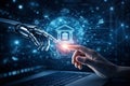 AI generated robotic hand and human hand touching with digital bank interface blockchain payment icons and data network Royalty Free Stock Photo