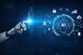 AI generated robotic hand interacting with advanced digital interface representing artificial intelligence automation data Royalty Free Stock Photo