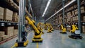 Robots sorting goods in empty warehouse no people, automatisation Royalty Free Stock Photo