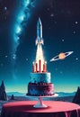 a rocket is flying into the sky on the top of birthday cake with galatic background Royalty Free Stock Photo