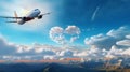 AI Generated. On a romantic background of a white cloud in the background of a heart, an airplane is flying, a blue clear sky. Royalty Free Stock Photo