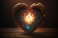 ai generated romantic wallpaper of a flame within a wooden heart, generative ai