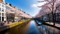 a row of boats are lined up along a canal with boats on the water in Amsterdam Royalty Free Stock Photo