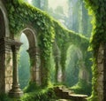 AI generated ruins covered by green creepers and vegetation with ancient walls, pillars and steps