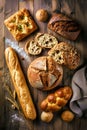 Rustic Bread Variety Arranged On Wooden Table In Natural Light Flat Lay Style Royalty Free Stock Photo