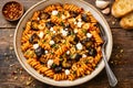 Fusilli Pasta With Roasted Eggplant Tomato Sauce And Crumbled Cheese Royalty Free Stock Photo