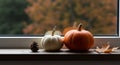 Autumn Pumpkins, Pine Cone, and Leaf on a Cozy Window Sill Royalty Free Stock Photo