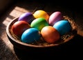 Moody Rustic Bowl With Colorful Easter Eggs On Dark Wooden Table Royalty Free Stock Photo