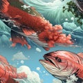 salmon photorealistic the style of comic book art and vexel art, highly detailed seamless pattern by AI generated Royalty Free Stock Photo