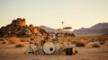 Desert Rhythms: Drum Set Amidst the Arid Sands Royalty Free Stock Photo