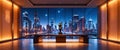 Modern Luxury Penthouse Interior Overlooking A Vibrant Night Cityscape Through Panoramic Windows Royalty Free Stock Photo