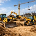Heavy Construction Machinery And Tower Crane Operating On Large Development Site Royalty Free Stock Photo