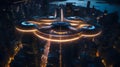 AI generated scene of a large aircraft soaring over a bustling city skyline at night