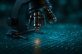AI generated scene of a microscope analyzing nano level digital data on a glowing teal grid representing biotechnology precision Royalty Free Stock Photo