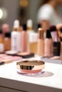 Elegant Round Cream Blush Container On Vanity Table With Softly Blurred Makeup Background Royalty Free Stock Photo