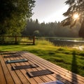 AI generated scenic outdoor view with yoga mats near lake