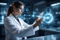 AI generated scientist interacting with blue holographic data sphere in advanced laboratory representing medical innovation Royalty Free Stock Photo