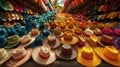 A sea of colorful sombreros displayed in a traditional market.