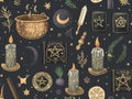 Seamless pattern with mystical elements such as candles, cauldrons, and stars on a dark background. Royalty Free Stock Photo