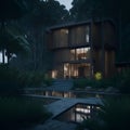 Ai generated a secluded cabin illuminated by moonlight in a dense forest