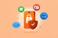 AI generated secure smartphone with lock and shield icons representing mobile security data protection privacy authentication and Royalty Free Stock Photo