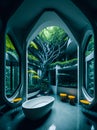 Ai generated a serene bathroom featuring a beautiful tree in the background