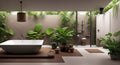 Ai generated a serene bathroom with a lush and natural ambiance featuring a beautiful bathtub and plants