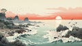 coastal scene at sunrise, with gentle waves and a rocky shoreline japanese art style landscape by AI generated