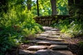 Beautiful stone path in a forest with natural vibrant colors