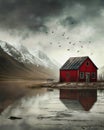 AI-Generated Serene Image of Red Wooden House by a Lake