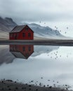 AI-Generated Serene Image of Red Wooden House by a Lake