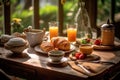 Breakfast in the garden. Milk, fruits, bread, berries on a wooden table.